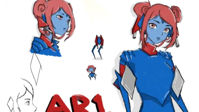 Two sketches of AR1, an OC by paper starships. AR1 is a personification of the hector player characters from the game Avara